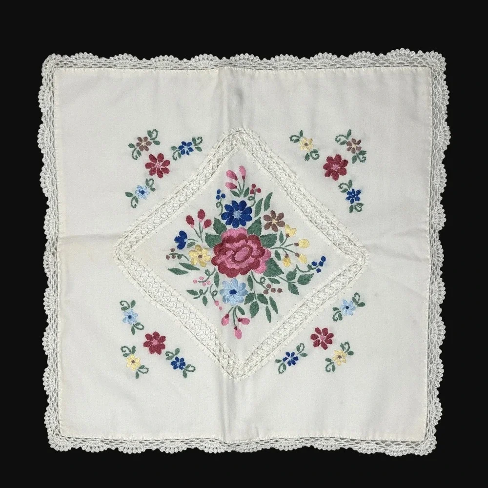 Vintage Hand Embroidered Floral Pillow Sham White Lace Trim Zipper Back 16x16